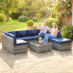 Outsunny Dark Blue 6 Seater Rattan Patio Corner Sofa Set - thumbnail 1