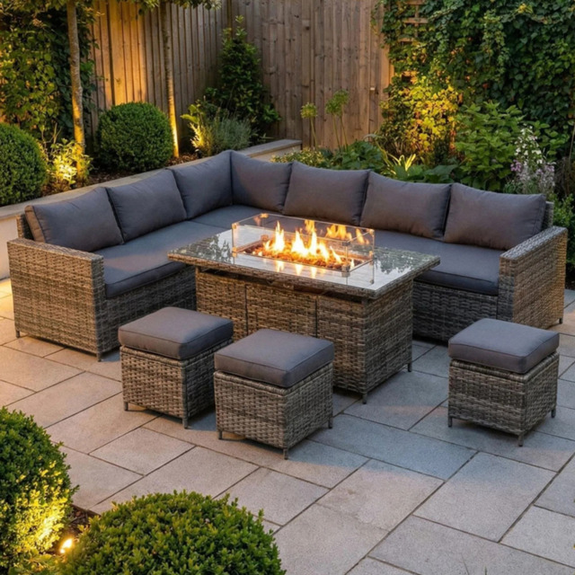 Outdoor Living The Tarporley 9 Seater Firepit Rattan Corner Dining Set Grey - image 1