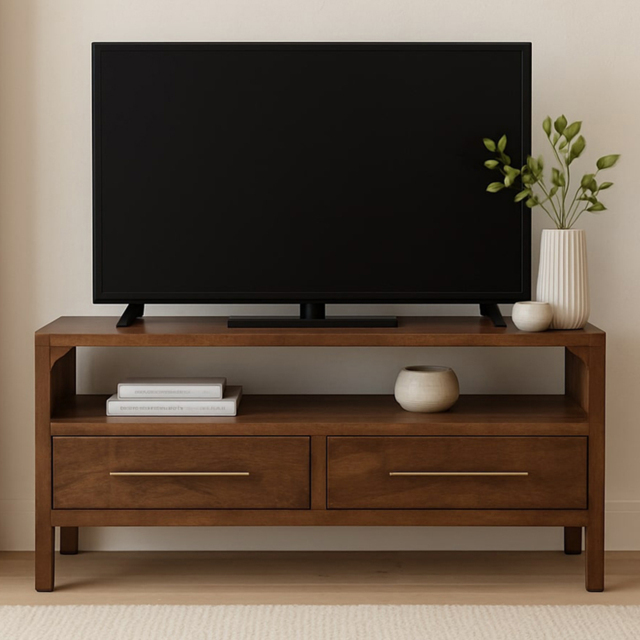 Artisan Furniture Arc-Line Brown 2 Drawer Single Shelf Solid Wood Media Console Table - image 1