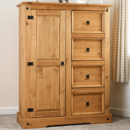 Seconique Corona Single Door 4 Drawer Distressed Waxed Pine Low Wardrobe