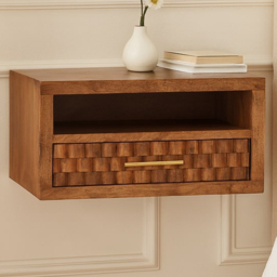 Artisan Furniture Brown Single Drawer Single Shelf Golden Teak Solid Wood Wall-Mounted Nightstand