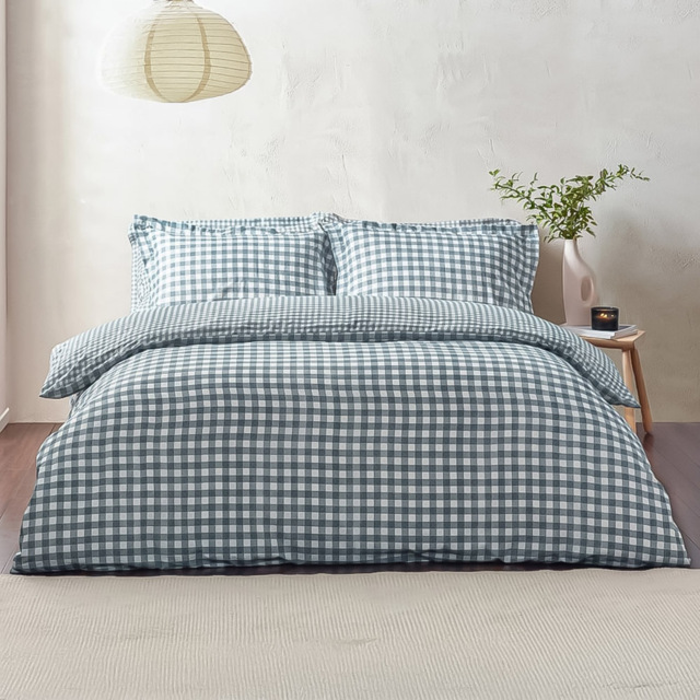 Yard Barton Single Check Printed Navy 144 Thread Count Duvet Cover and Pillowcase Set - image 1