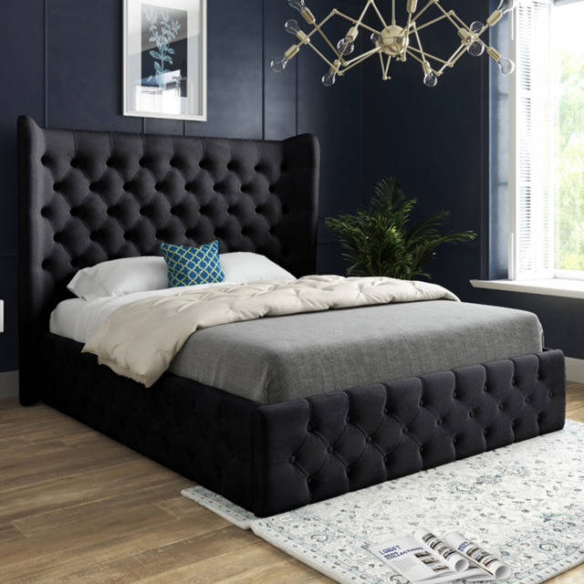 Florence Black Super King Size Velvet Upholstered Bed Frame with Wide Winged Chesterfield Headboard - image 1