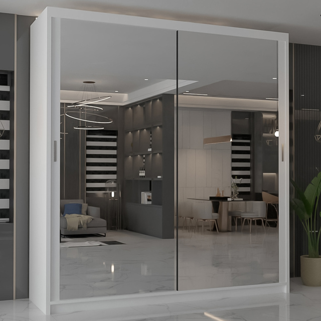 M N Furniture Modern Gala 2 Door White Mirrored Sliding Wardrobe 203cm - image 1