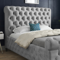 Savana Small Single Grey Soft Velvet Upholstered Sleigh Bed Frame with Scrolled Headboard - thumbnail 3