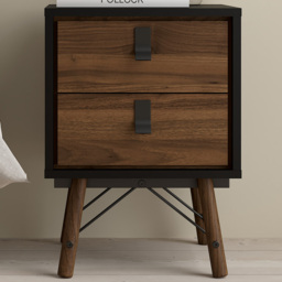 Florence Ry 2 Drawer Matt Black and Walnut Bedside Table