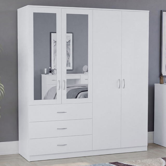 Vida Designs Riano White 4 Door 3 Drawer Mirrored Wardrobe - image 1
