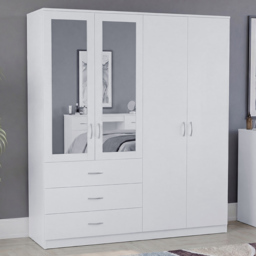 Vida Designs Riano White 4 Door 3 Drawer Mirrored Wardrobe