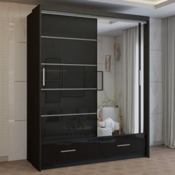 M N Furniture Seliyaa 2 Door 2 Drawer Black High Gloss Sliding Door Wardrobe 150cm