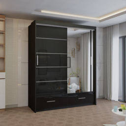 M N Furniture Seliyaa 2 Door 2 Drawer Black High Gloss Sliding Door Wardrobe 150cm - thumbnail 4