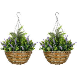 Portland Set of 2 Purple Lavender Artificial Flower in Hanging Wicker Basket - thumbnail 1