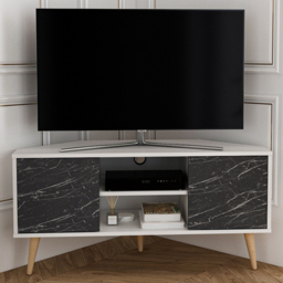 Decorotika Lesson White and Black Marble Effect 2 Door 2 Shelf Corner TV Unit