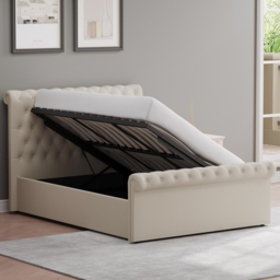 FWStyle Abbey Cream Almond King Size Side Lift Ottoman Bed Frame with Scroll Buttoned Headboard - thumbnail 2