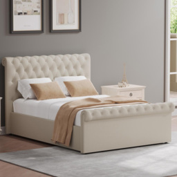 FWStyle Abbey Cream Almond King Size Side Lift Ottoman Bed Frame with Scroll Buttoned Headboard