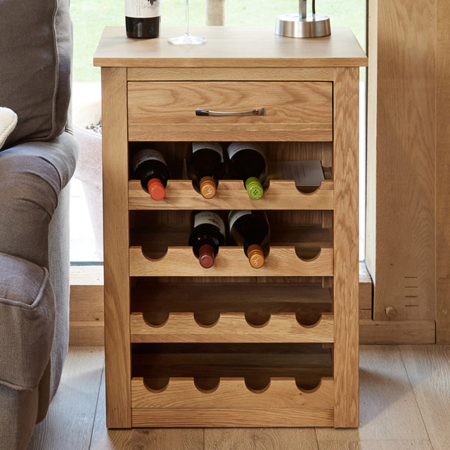 Baumhaus Mobel Single Drawer 16 Bottle Oak Wine Rack Lamp Table - image 1