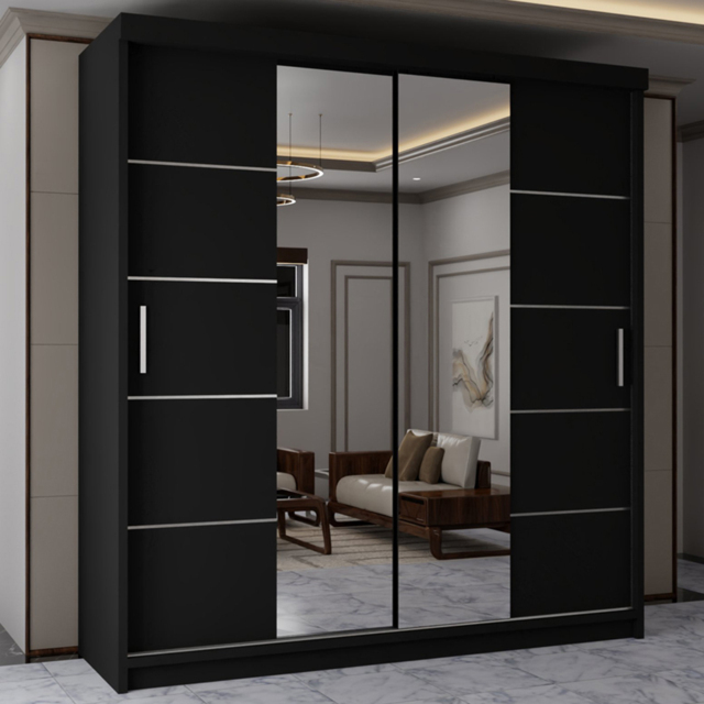 Sliding Wardrobes 4U Lisbon Black 2 Door Full-Length Mirror Wardrobe with Adjustable Shelves - image 1