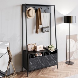 Decorotika Devin Black Marble Effect Single Door 2 Shelf Shoe Rack and Bench Unit with Coat Stand - thumbnail 2