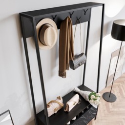 Decorotika Devin Black Marble Effect Single Door 2 Shelf Shoe Rack and Bench Unit with Coat Stand - thumbnail 4