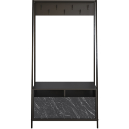 Decorotika Devin Black Marble Effect Single Door 2 Shelf Shoe Rack and Bench Unit with Coat Stand