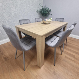 Portland Rocco 6 Seater Velvet Dining Set Wooden Oak Effect and Grey - thumbnail 1
