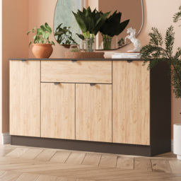 Crowndale Bora 4 Door Single Drawer Gold Craft Oak and Graphite Wide Sideboard Ready Assembled