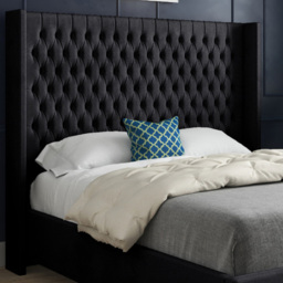Volta Small Single Black Soft Velvet Upholstered Bed Frame with Straight Winged Headboard - thumbnail 3