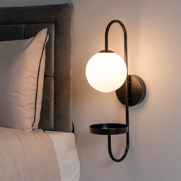 ValueLights Milo Matte Black and Frosted Glass Curved Wall Light with Shelf - thumbnail 2