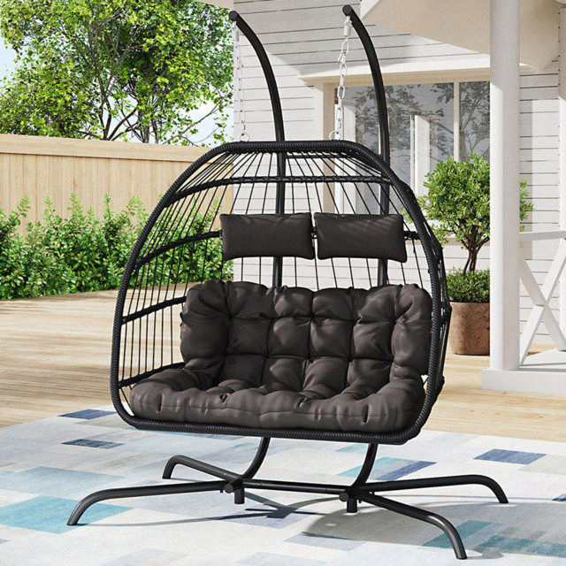 Living and Home Black 2 Seater Garden Hanging Egg Chair with Cushions - image 1
