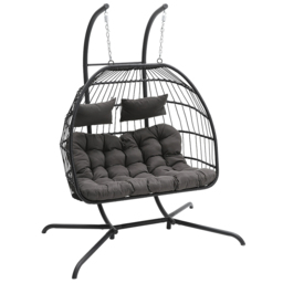 Living and Home Black 2 Seater Garden Hanging Egg Chair with Cushions - thumbnail 2