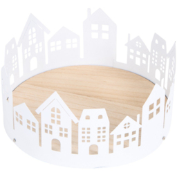Mistletoe Cottage Round Metal and Wood White House Scene Christmas Tray 16cm - thumbnail 3