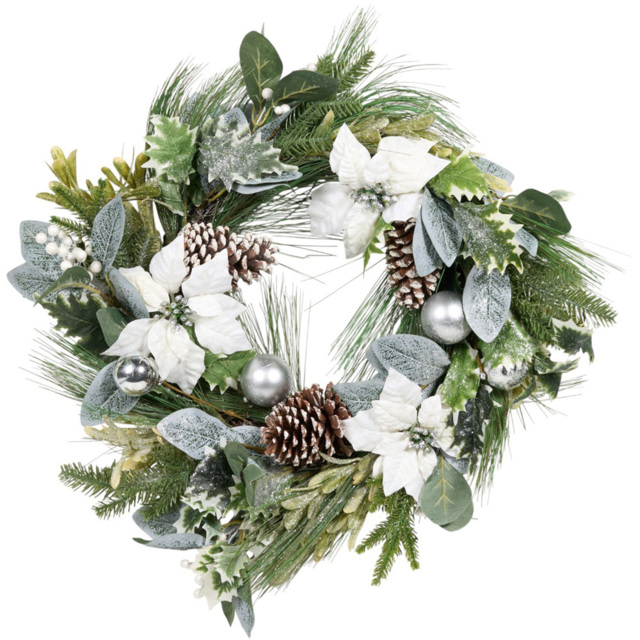 White Poinsettia Christmas Bauble Pinecone Wreath - image 1
