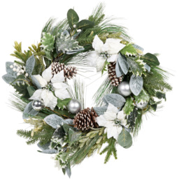 White Poinsettia Christmas Bauble Pinecone Wreath - thumbnail 1