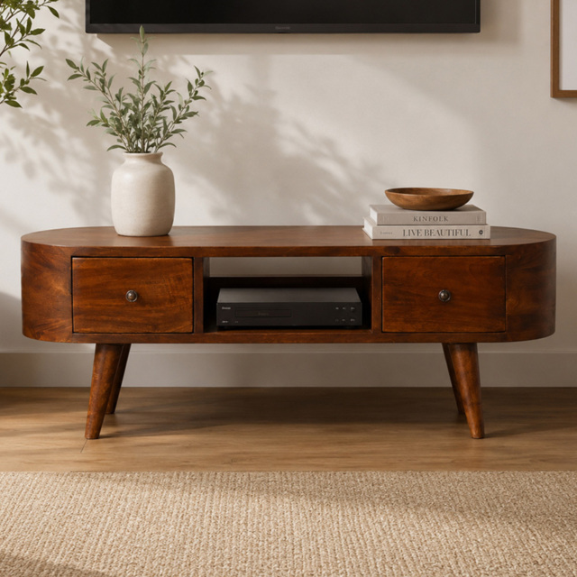 Artisan Furniture Chestnut Brown 2 Drawer Solid Wood Round Open Media Unit - image 1