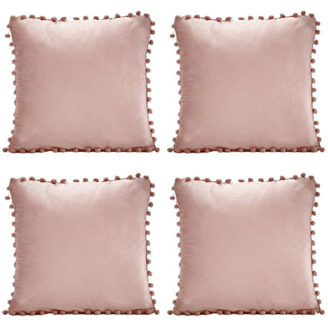 Alan Symonds Dusky Pink Pom Pom Edged Plain Cushion with Polyester Filled Pad 43 x 43cm 4 Pack