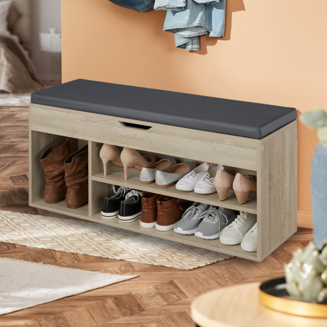 tectake Natalya Oak Sonoma 4 Compartment Shoe Bench with Soft Cushion - image 1