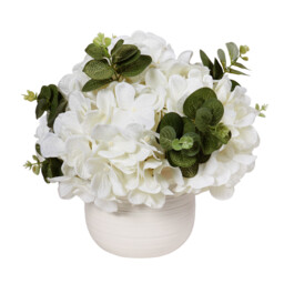White Hydrangea and Eucalyptus Artificial Plant Arrangement in White Pot 30cm - thumbnail 1