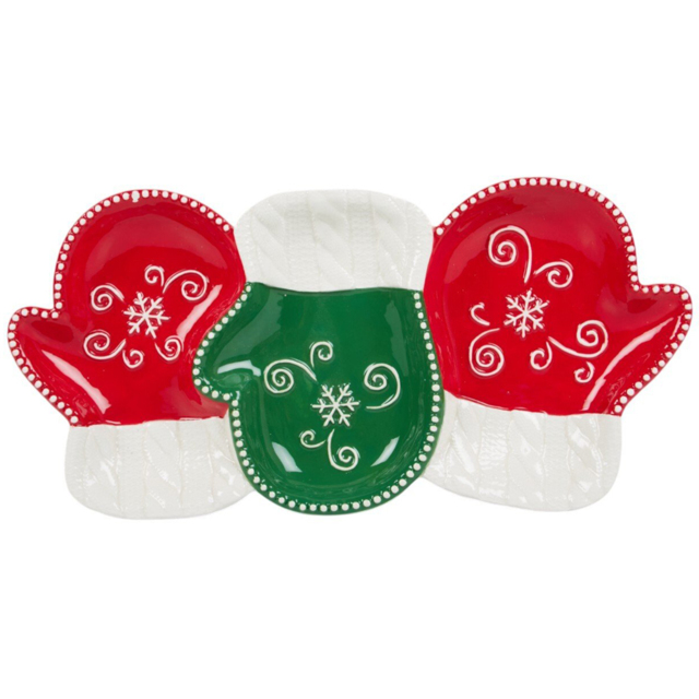 Red and Green Snowflake Mitten Shape Serving Dish 35cm - image 1