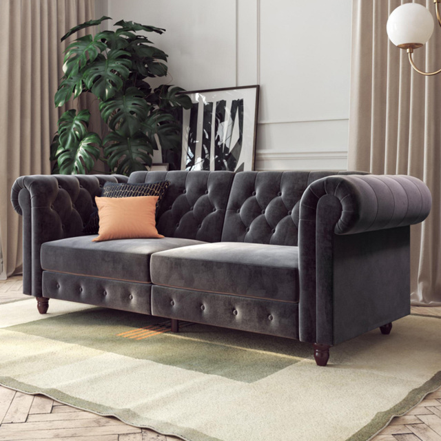 Dorel Felix Chesterfield 3 Seater Grey Velvet Sofa Bed - image 1