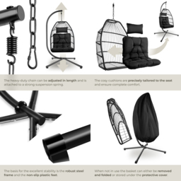 tectake Ariane Black Swing Hanging Egg Chair with Cushion - thumbnail 4