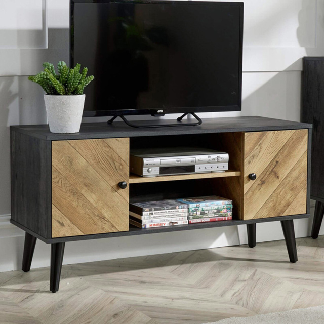Home Source Dallas Black and Natural 2 Door TV Stand Unit - image 1