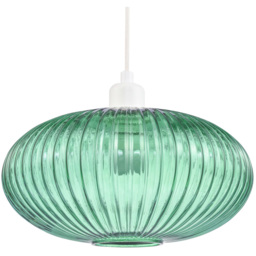 Happy Homewares Ribbed Glass Emerald Forest Green Line Oval Pendant Lamp Shade - thumbnail 1