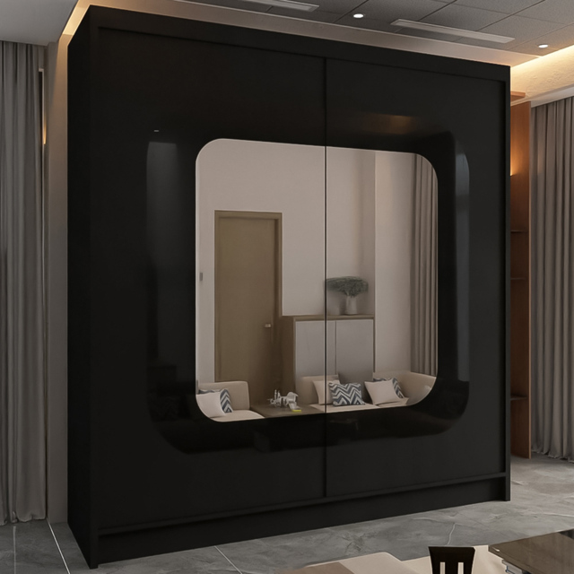 M N Furniture Cheen 2 Door Black Strip Mirrored Sliding Wardrobe 203cm - image 1