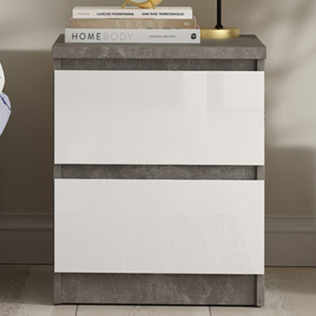 Furniture To Go Naia Concrete and White High Gloss 2 Drawer Bedside Table - image 1