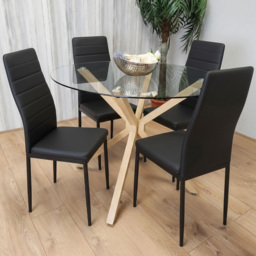 Portland Black Faux Leather Glass Tabletop Round 4 Seater Dining Set
