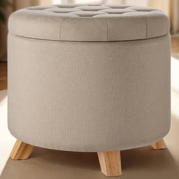 tectake Suna Padded Sand Linen Round Stool with Storage - thumbnail 1