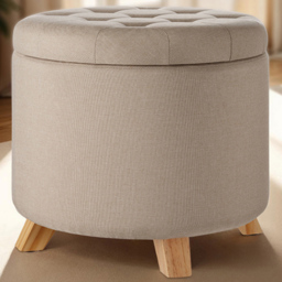 tectake Suna Padded Sand Linen Round Stool with Storage