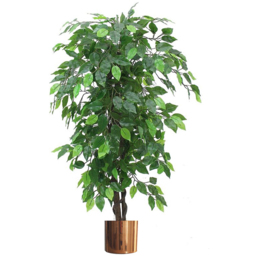 Leaf Green Bushy Ficus Leaf Artificial Plant with Copper Metal Planter 120cm - thumbnail 1