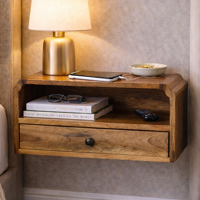 Artisan Furniture Avora Oak-ish Single Drawer Single Shelf Solid Wood Wall-Mounted Bedside Table - image 1