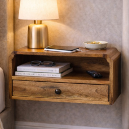 Artisan Furniture Avora Oak-ish Single Drawer Single Shelf Solid Wood Wall-Mounted Bedside Table - thumbnail 1