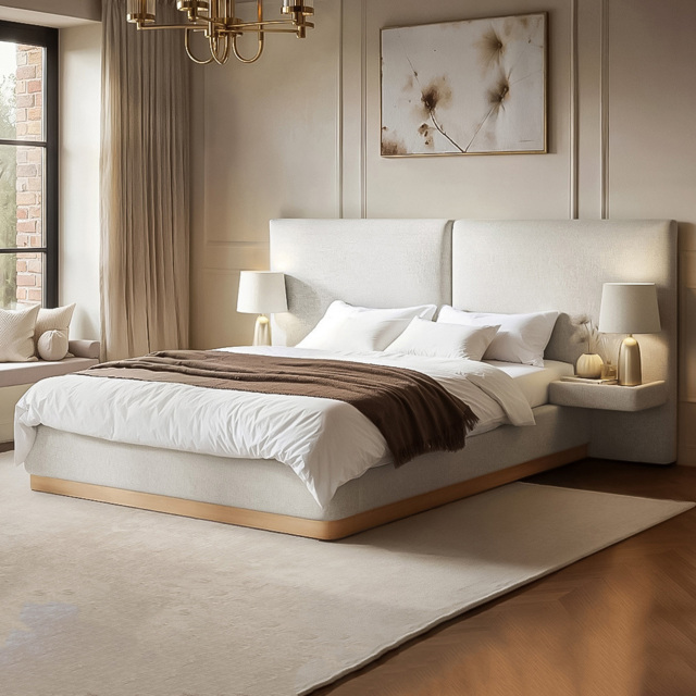 Solace+Co Vera Double Cream Hotel Bed Frame with Bedside Table - image 1